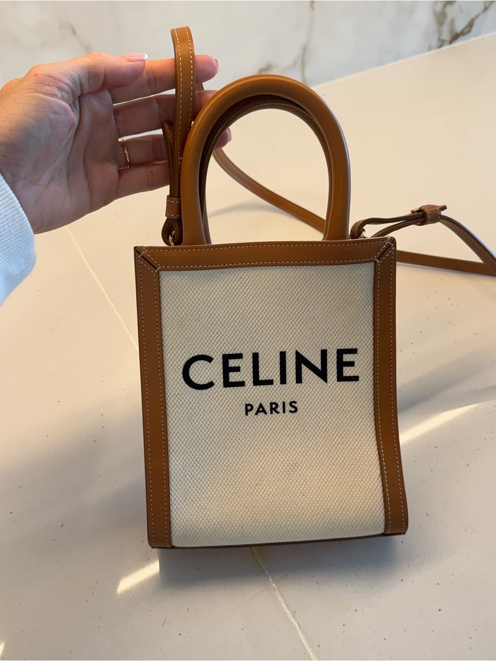 Celine Mini Vertical Cabas in Natural Canvas with Tan Leather Trim